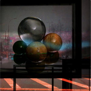 balls in profile 2021 photographic digital collage, sublimation printing on wet silk